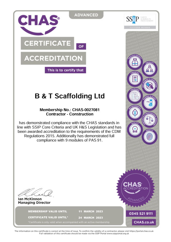 CHAS Advanced Certified - B&T Scaffolding Ltd